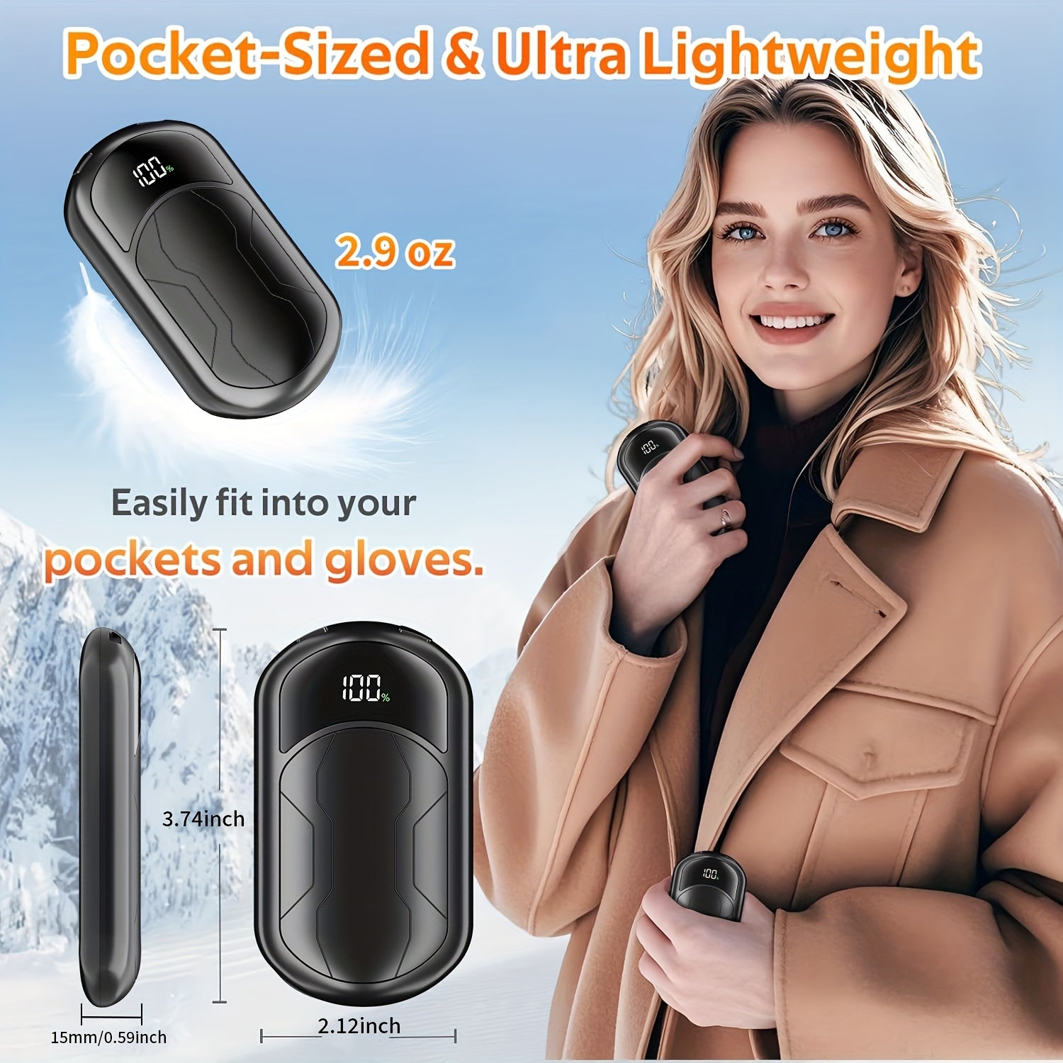 USB Electric Hand Warmer with Digital Display, Dual Heat Modes, Portable Pocket Hand Heater for Indoor & Outdoor Use
