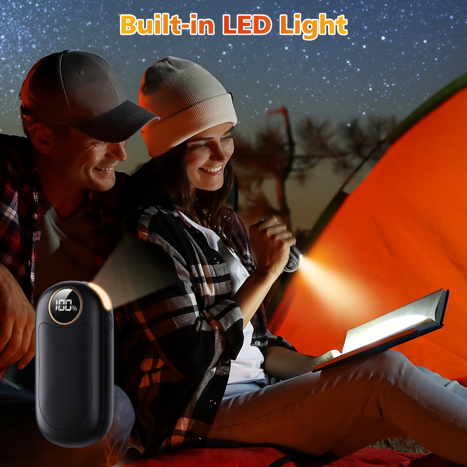 Rechargeable Hand Warmers 2-Pack, Dual-Sided Electric Pocket Heater, 4 Heat Levels, Power Bank & LED Light