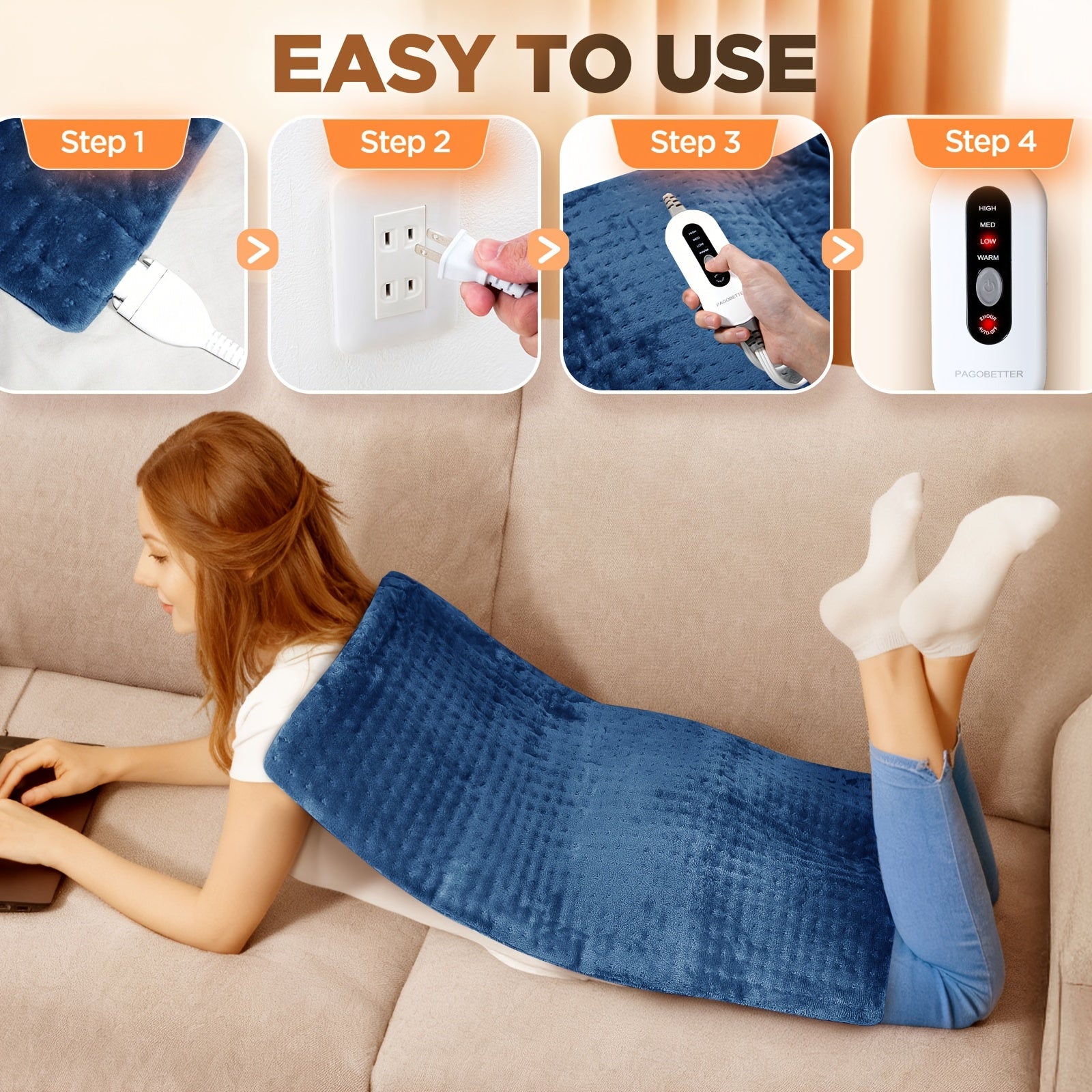 Electric Heating Pad for Back & Legs – Graphene Heating, Thick Flannel, Machine Washable