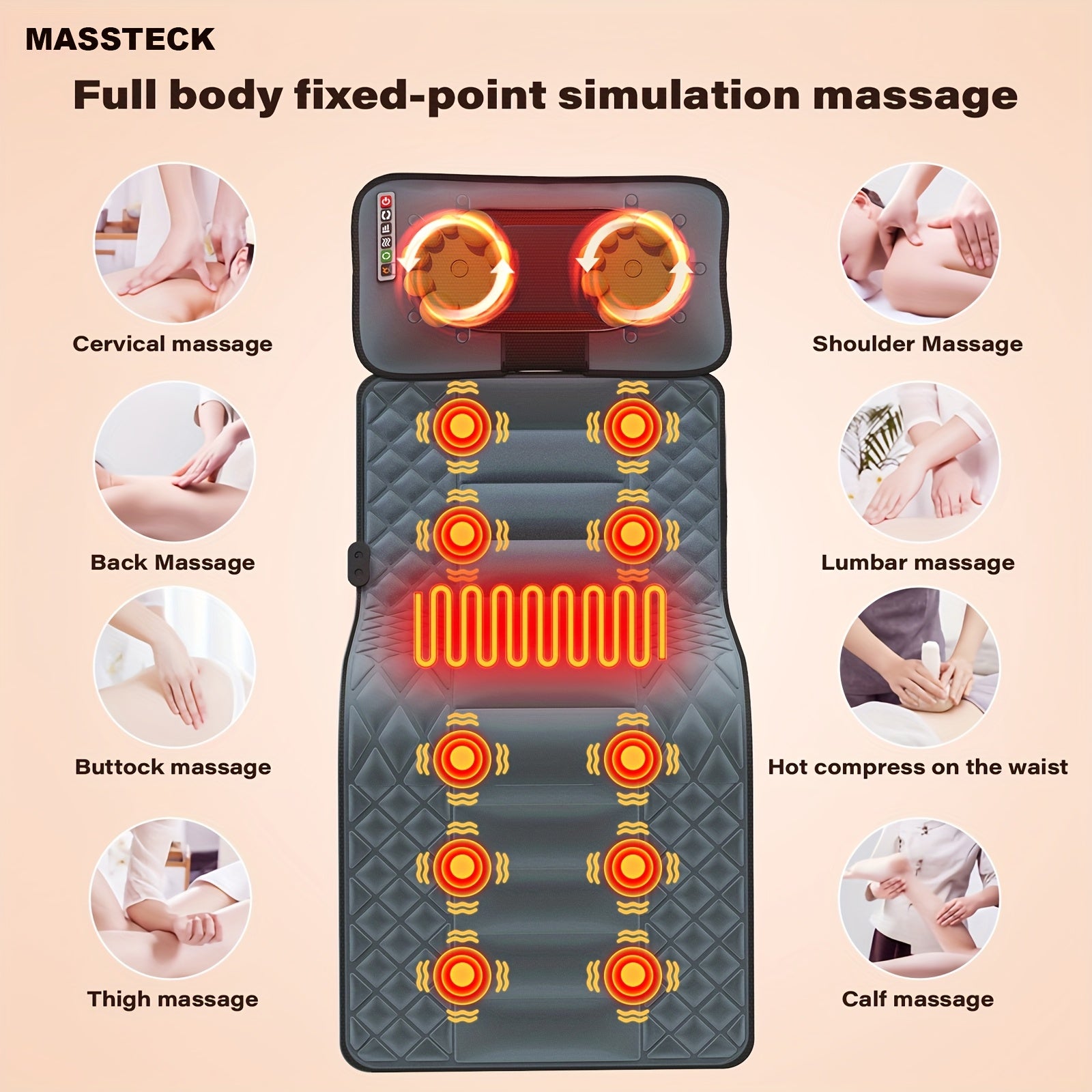 Full Body Massage Mat with Shiatsu Neck & Back Heating, 10 Vibration Motors, Massage Pad with Storage Bag