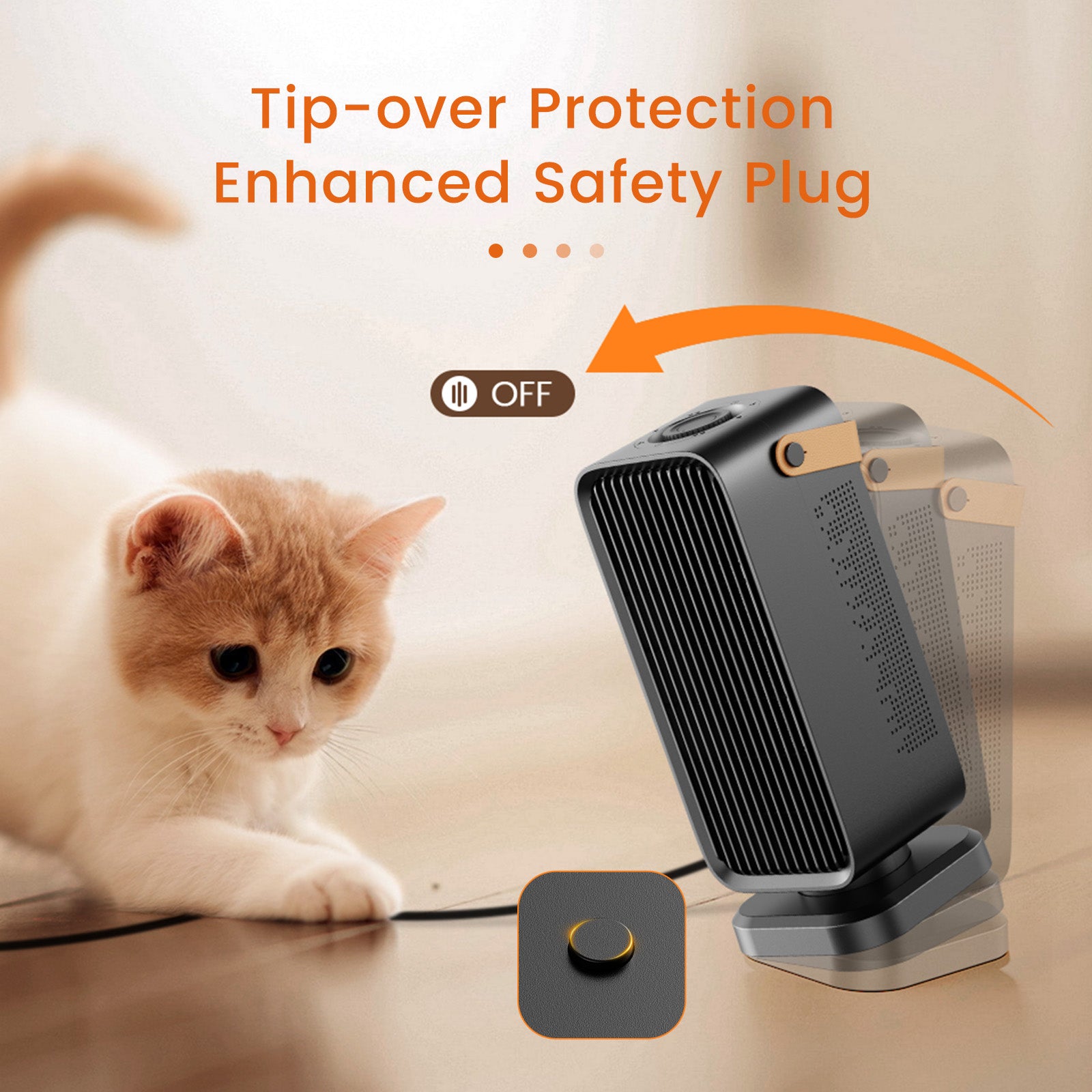 600–1200W PTC Ceramic Space Heater, Quiet Portable Electric Heater with Tip-Over & Overheat Protection for Home & Office