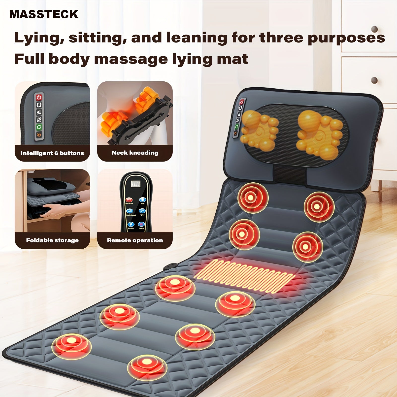 Full Body Massage Mat with Shiatsu Neck & Back Heating, 10 Vibration Motors, Massage Pad with Storage Bag
