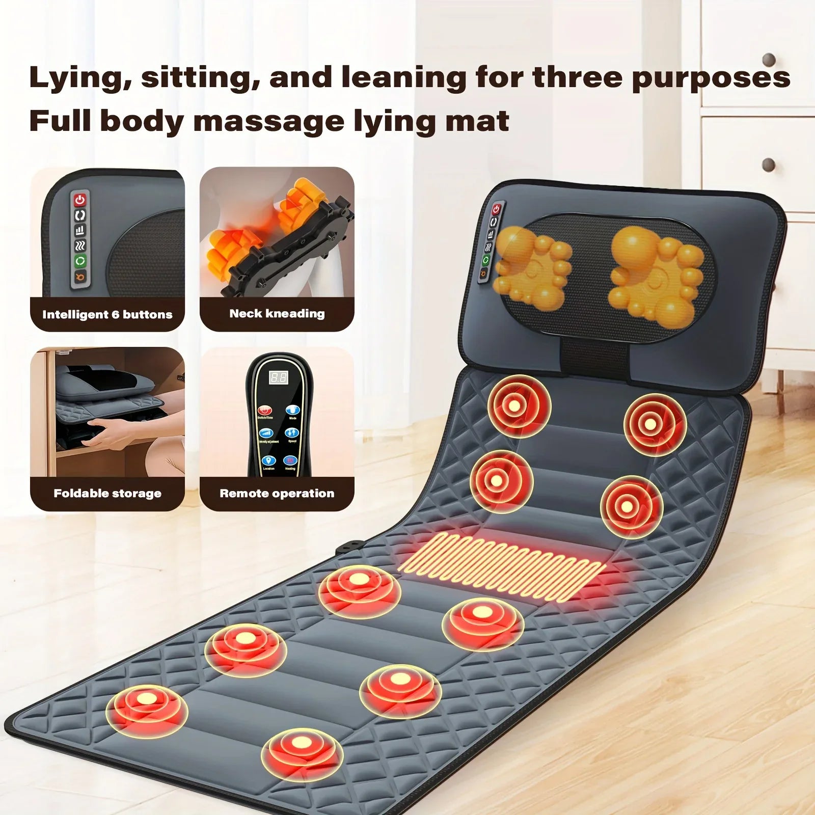 Full Body Massage Mat with Shiatsu Neck & Back Heating, 10 Vibration Motors, Massage Pad with Storage Bag - Thermeva