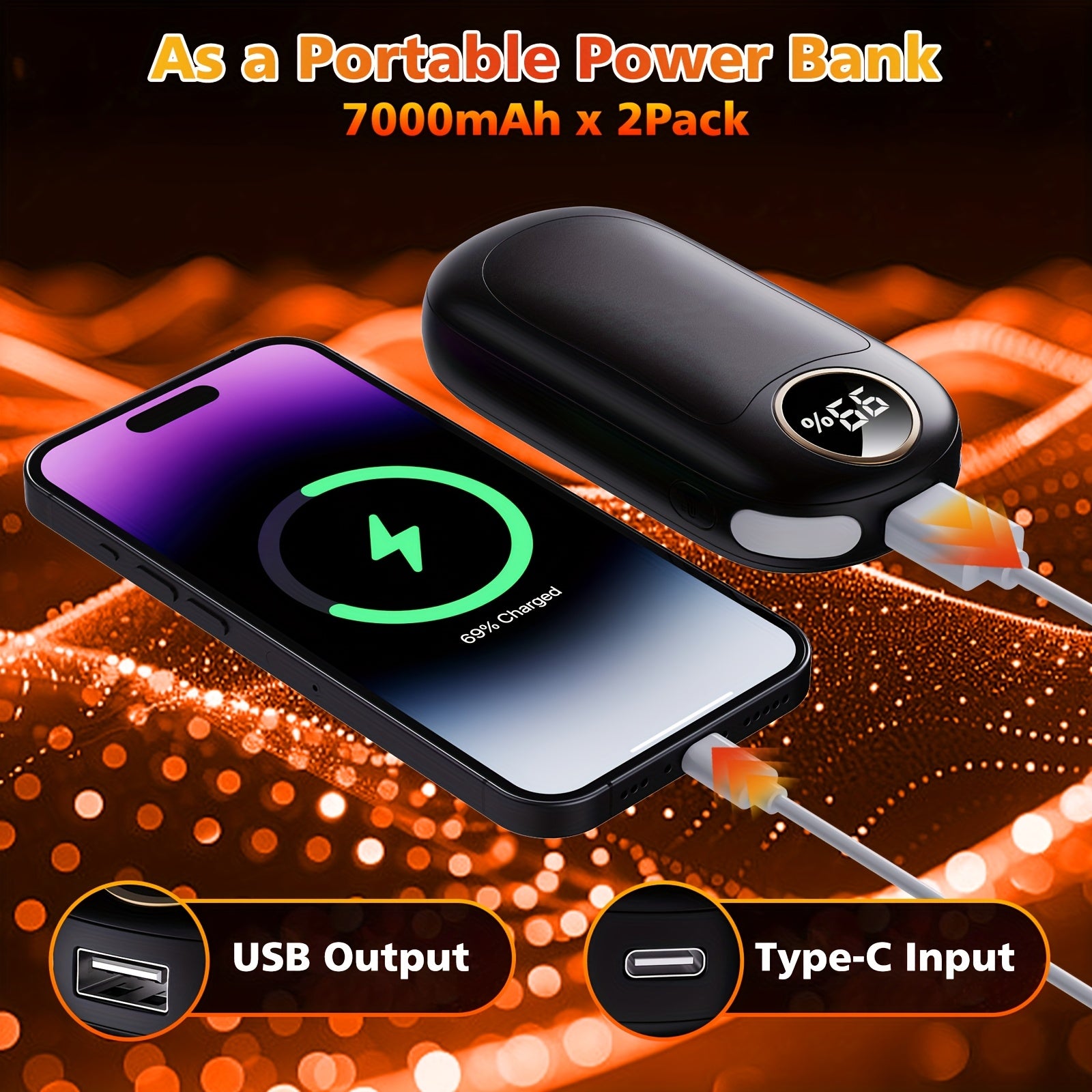 Rechargeable Hand Warmers 2-Pack, Dual-Sided Electric Pocket Heater, 4 Heat Levels, Power Bank & LED Light