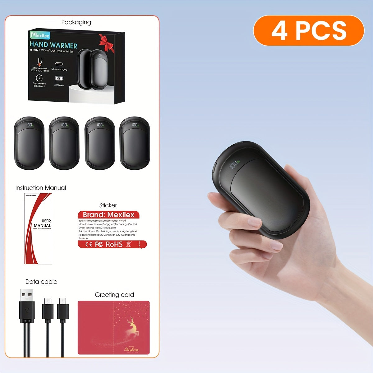 Rechargeable Magnetic Hand Warmers 2-Pack, Electric Pocket Heater, Dual-Sided Heating, 3 Temperature Modes