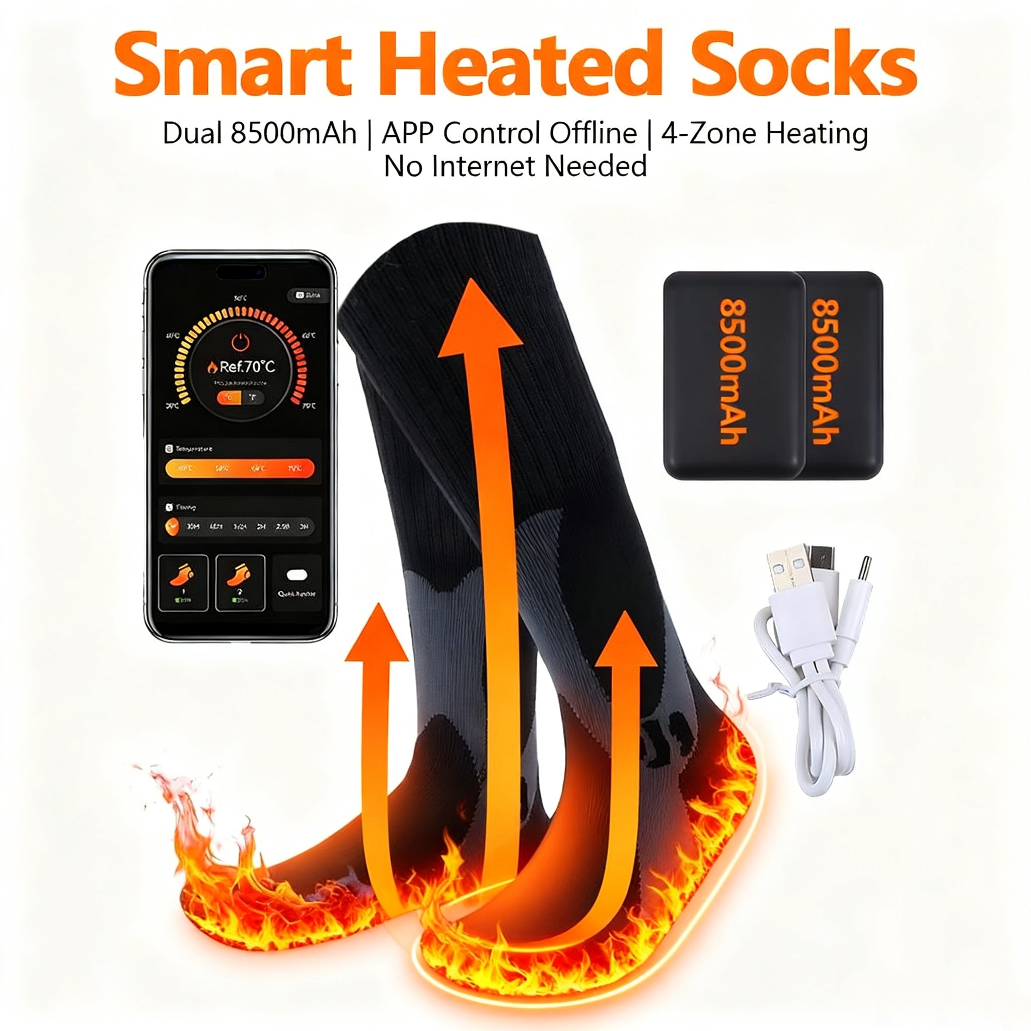 Smart heated socks with app control, batteries, and USB cable on a white background