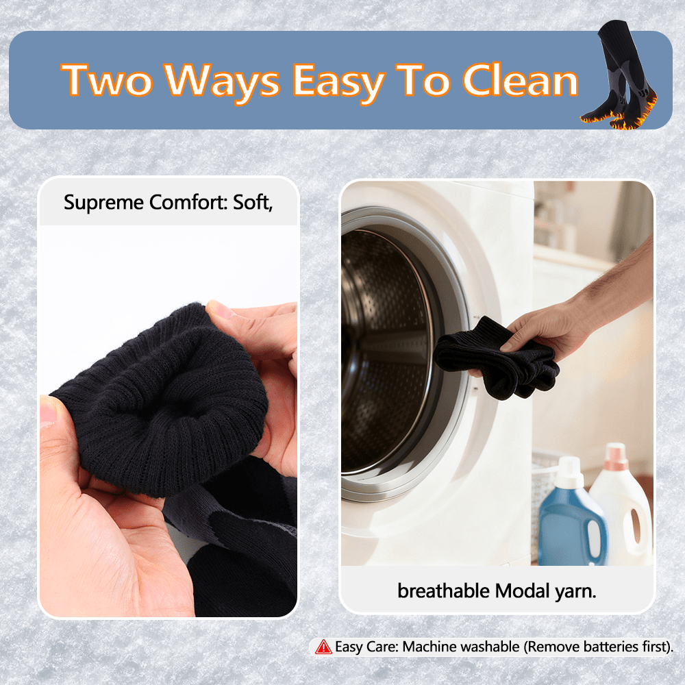 Text 'Two Ways Easy To Clean' with images of black yarn and washing machine.