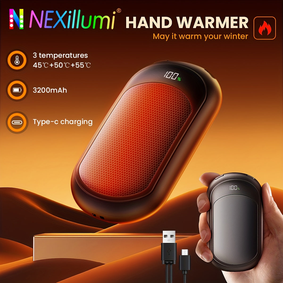 Rechargeable Magnetic Hand Warmers 2-Pack, Electric Pocket Heater, Dual-Sided Heating, 3 Temperature Modes