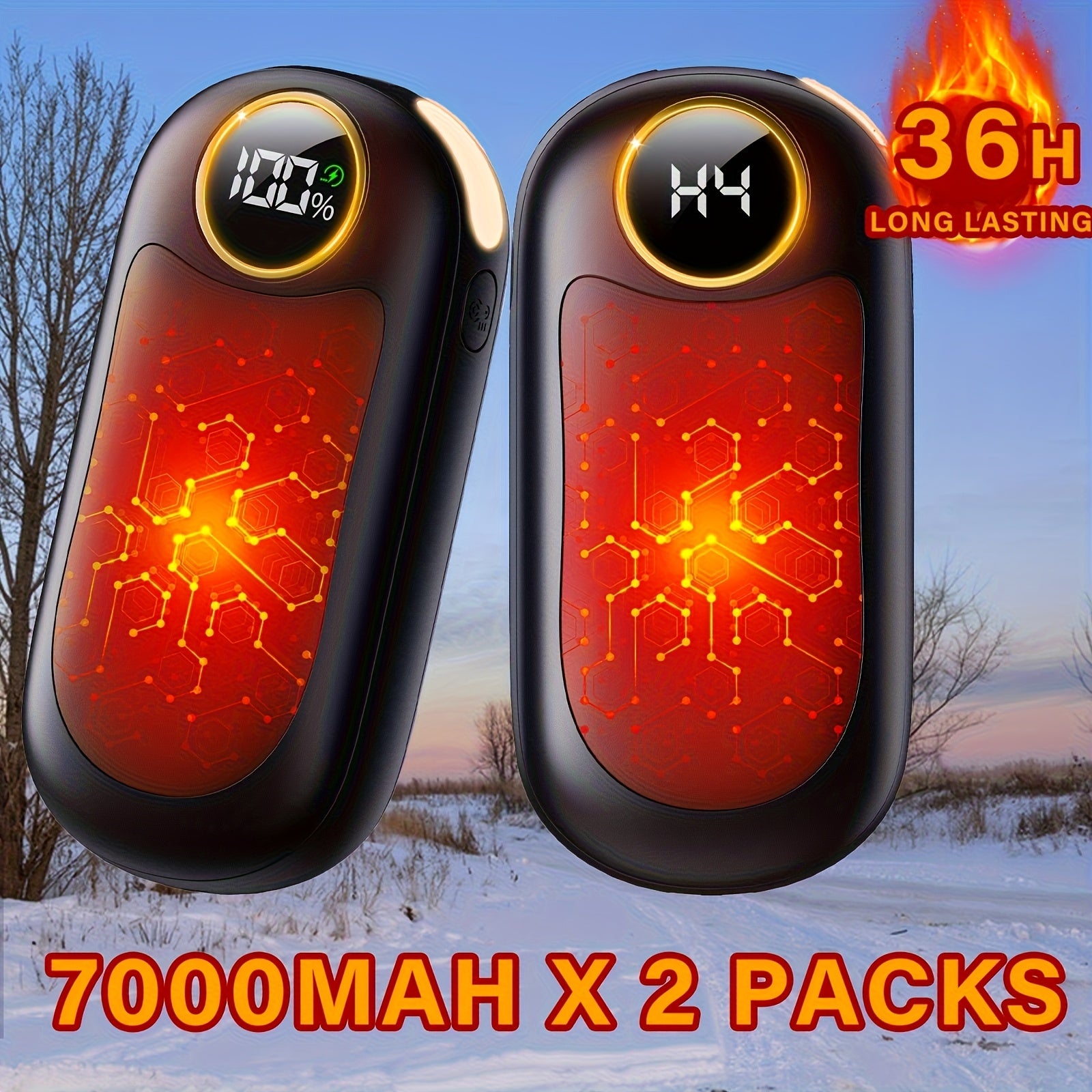 Rechargeable Hand Warmers 2-Pack, Dual-Sided Electric Pocket Heater, 4 Heat Levels, Power Bank & LED Light